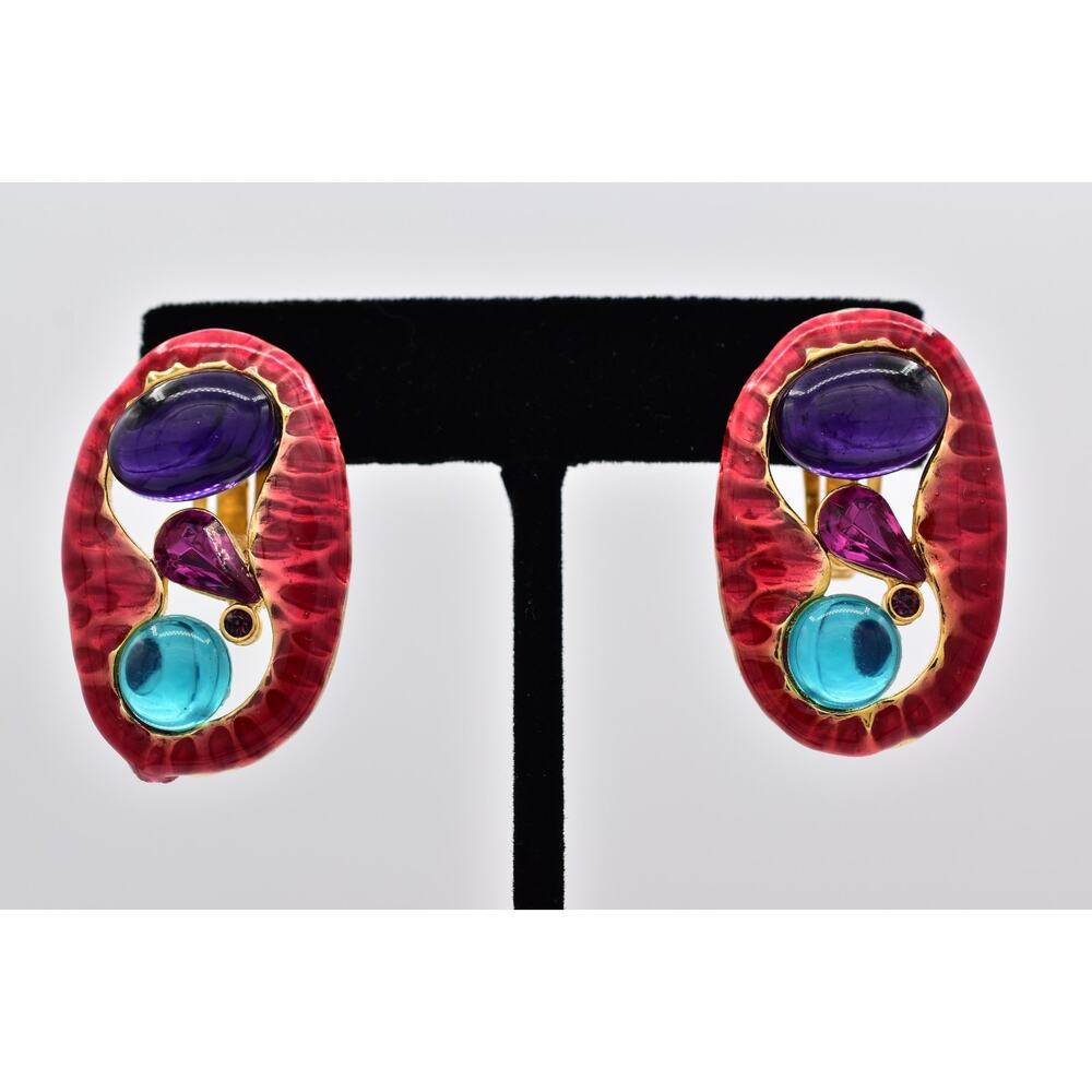Vintage Cabochon Clip On Earrings Purple Clue Red Enamel Chunky Crystal BinAZ